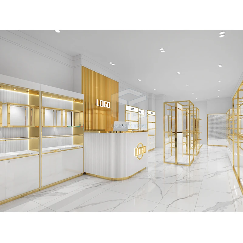 High End Garment Shop Decoration Customized Gold Clothing Display Rack Provided Full Clothes Shop Design