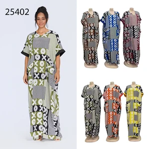 New Wholesale Summer Fashion Women Middle East Muslim Loose Robe Short Sleeve V-Neck Printed Dress