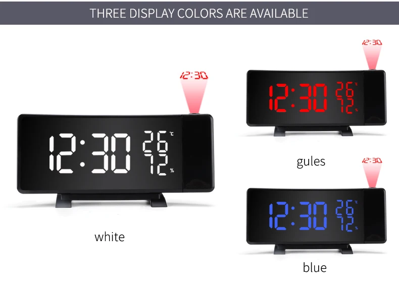 Digital Curve Led Projection Radio Alarm Clock Three Display Colors Desktop Temperature Clock for Bedroom