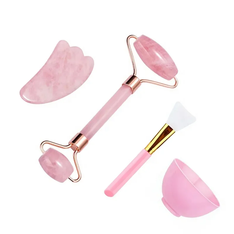 OEM Wholesale High Quality Private Label Beauty Gua Sha Set Natural Pink Rose Quartz and Jade Roller Made From Stone Material