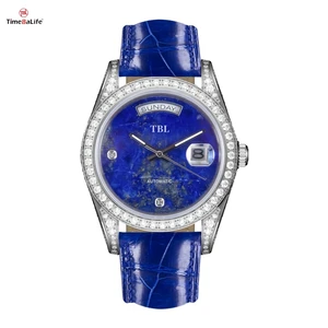 OEM Custom Luxury Lapis Lazuli Full Diamond Automatic Mechanical Men's Watch Waterproof Butterfly Buckle Genuine Leather Strap
