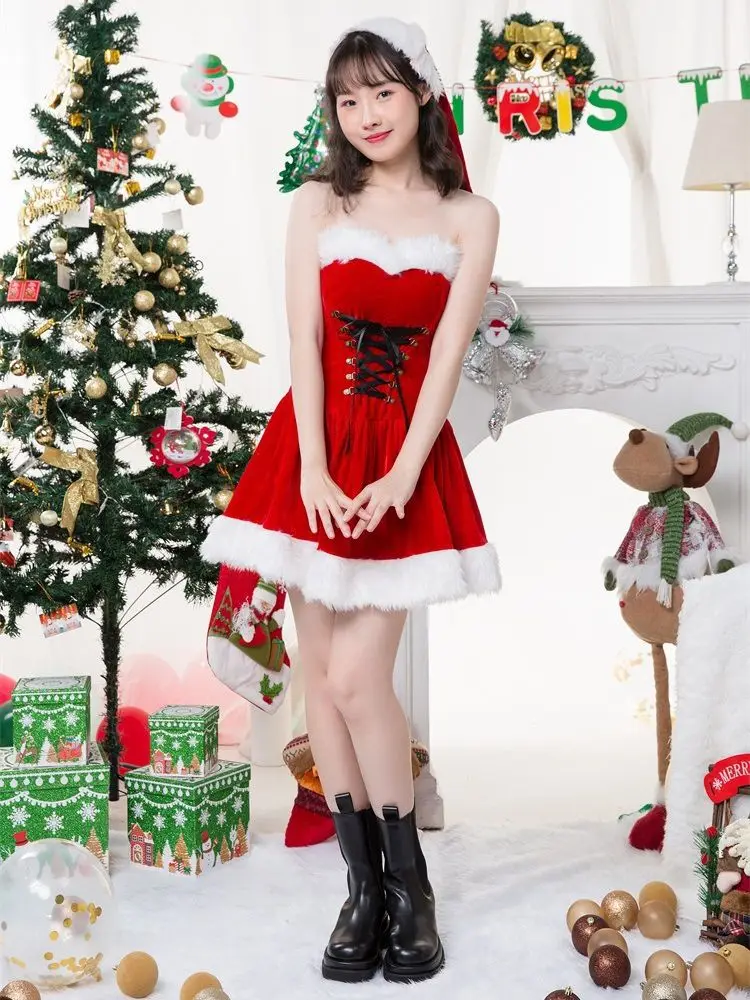 Red Velvet Christmas Dress With Xmas Shawl Hat Women Girl Fancy Party Dress Suit Cosplay Santa Claus Costume Lace Up
