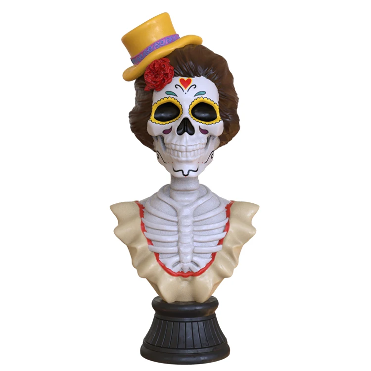 product professional supply wholesale hand painted day of the dead custom resin skull woman bust statue for festival decoration-3