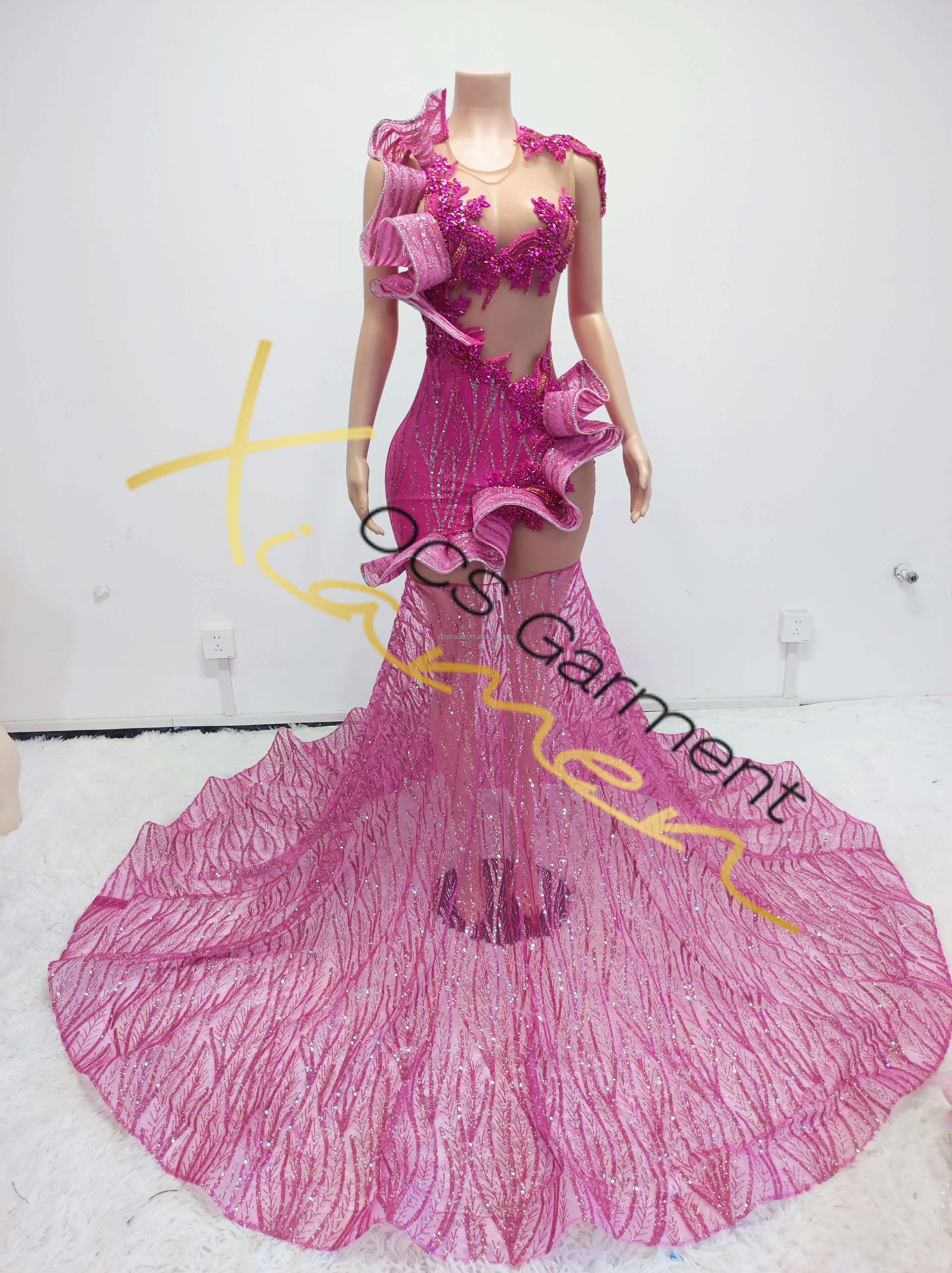 Ocstrade Sequin Ruffle Sheer Mesh Transparent Birthday Elegant Ball Gown  Prom Dress Luxury Royal Blue Rhinestone Prom Dresses
