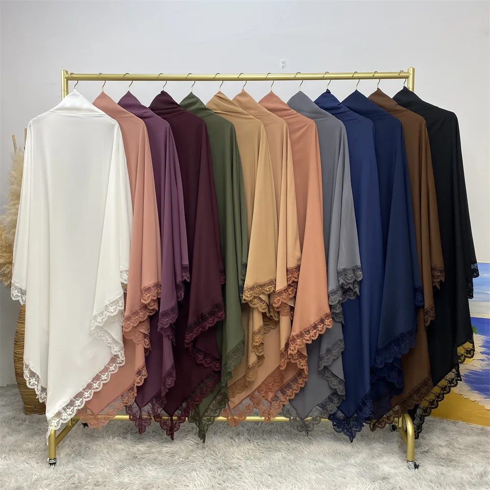 13 Colors Single Layer One Piece Tie up Nida Khimar Hijab with Niqab Lace Side Muslim Women Prayer Islamic Clothing