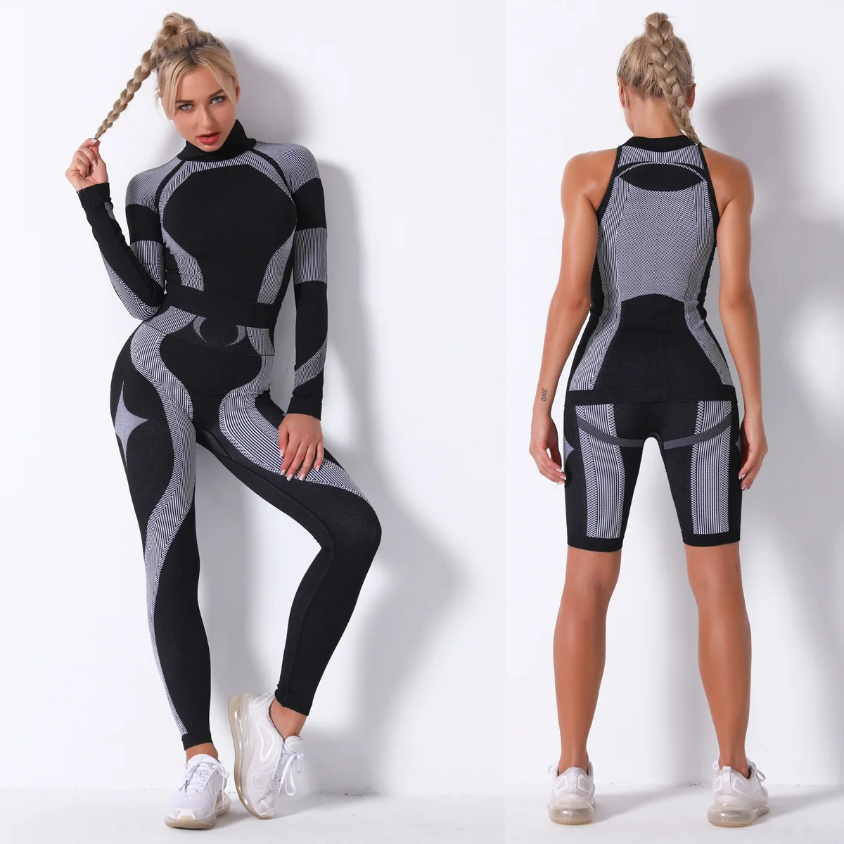 Seamless Active Wear Striped Fitness Long Sleeve Four Piece Women