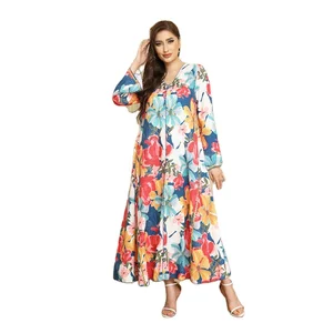 Wholesale Middle East Plus Size Muslim Robe Women Print Women Abaya Dress Long Sleeve Dress