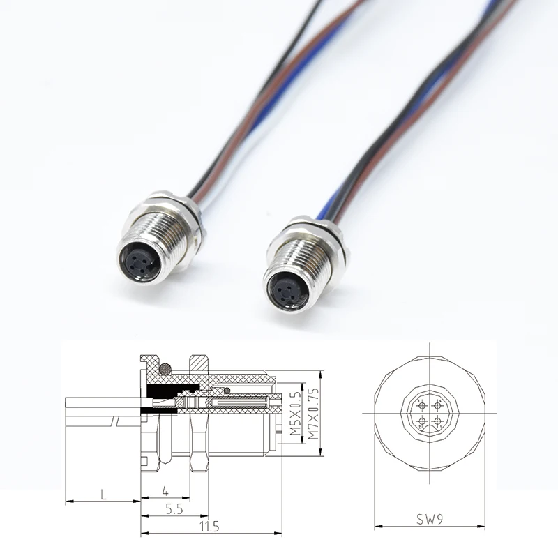 Circular Connector M5 Automotive Electrical wire to board Connector 4 Pin Front Locking Male Female Panel Connector