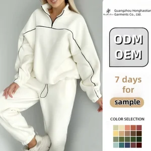 ODM OEM High Quality Custom Fashion Women's Hoodie Joggers Set Soft Cotton Fleece Quarter Zip Sweatshirt Lace Button Vintage