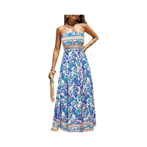 Women's Casual Summer Floral Ditsy Woven Sundress Floor-Length Maxi Beach Dress Spaghetti Strap Sleeveless Plain Dyed Natural