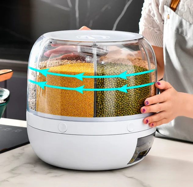 OWNSWING Grain Dispenser 360 Rotating 6 Grid Food Dispenser Rice and Grain Storage Container