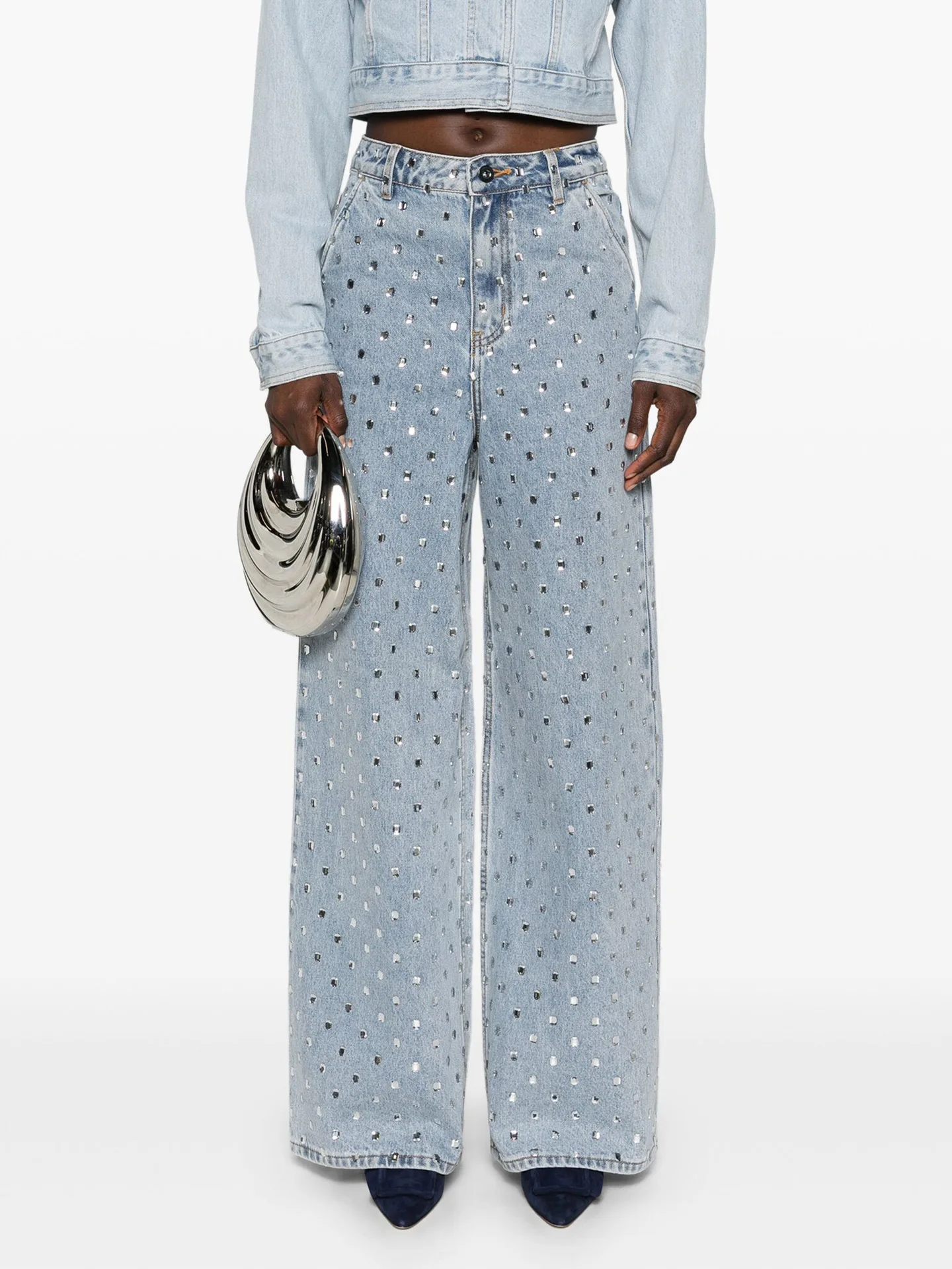 American Style New Design Hotfix Rhinestone High-Waisted Loose Wide-Leg Full-Length Quick Dry Spring High Street Jeans for