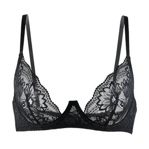 Women's Sexy Lace Bra Three Quarters Sheer Intimate Underwear Balconette Bras Everyday Style Adjustable Straps Knitted