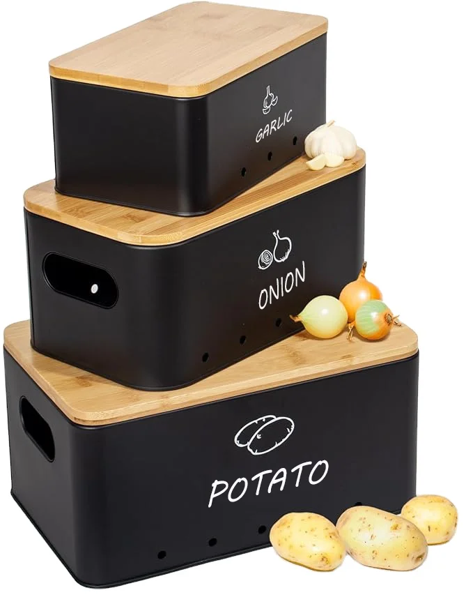 Wooden Lid Storage Box Metal Canisters Set for Kitchen for Garlic Potato and Onion Food Storage & Container