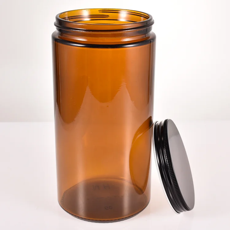 Amber 500ml 1000ml Large Glass Candle Jar Tall Round Smooth Gold Lid