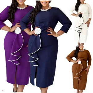 D612 Fashion Spring&summer Dresses Women Casual Elegant Round Neck 3D Flower Wrapped Hip Ruffle Ladies Office Dresses for Women