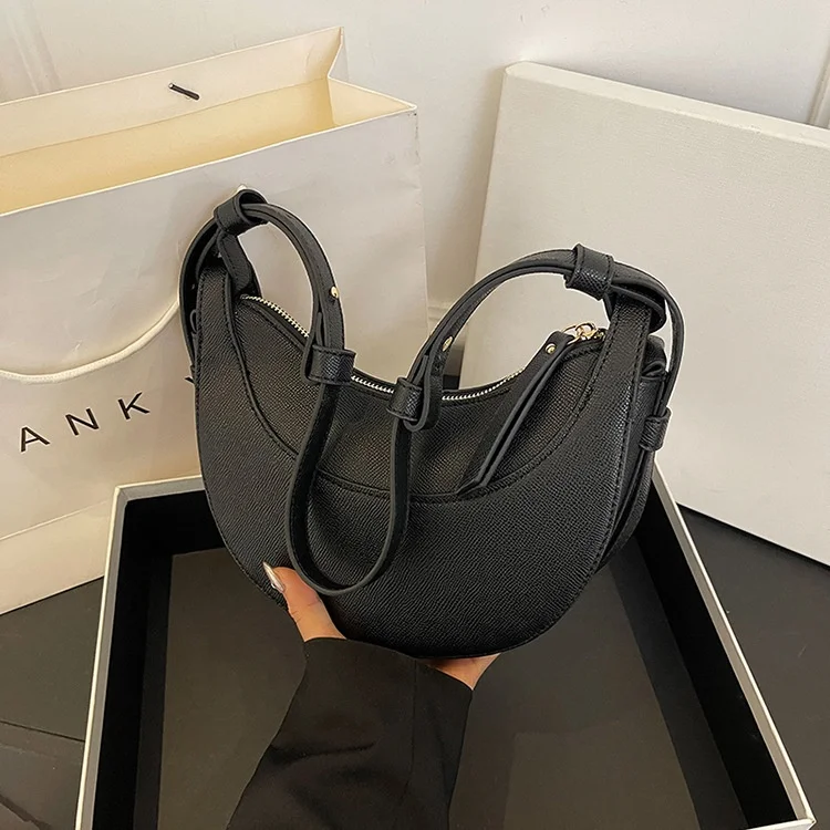 High Quality French Polynesian Style Semi-Circle Saddle Bag Crossbody Shoulder Zip Closure Fashionable Polyester PU Material