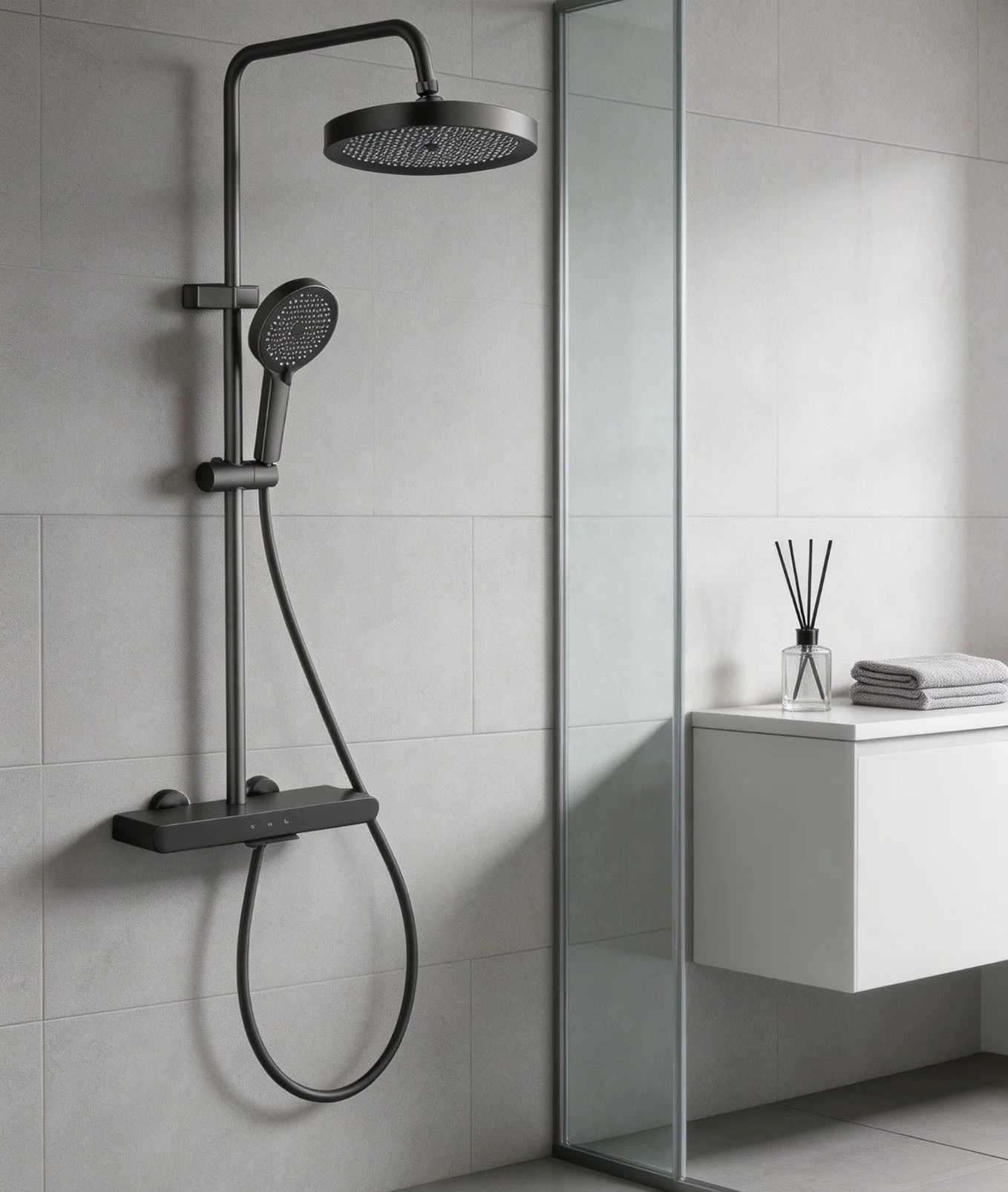Modern Rainfall Shower System with Storage Shelf Brushed Gunmetal Grey Bathroom OEM Apartment Projects
