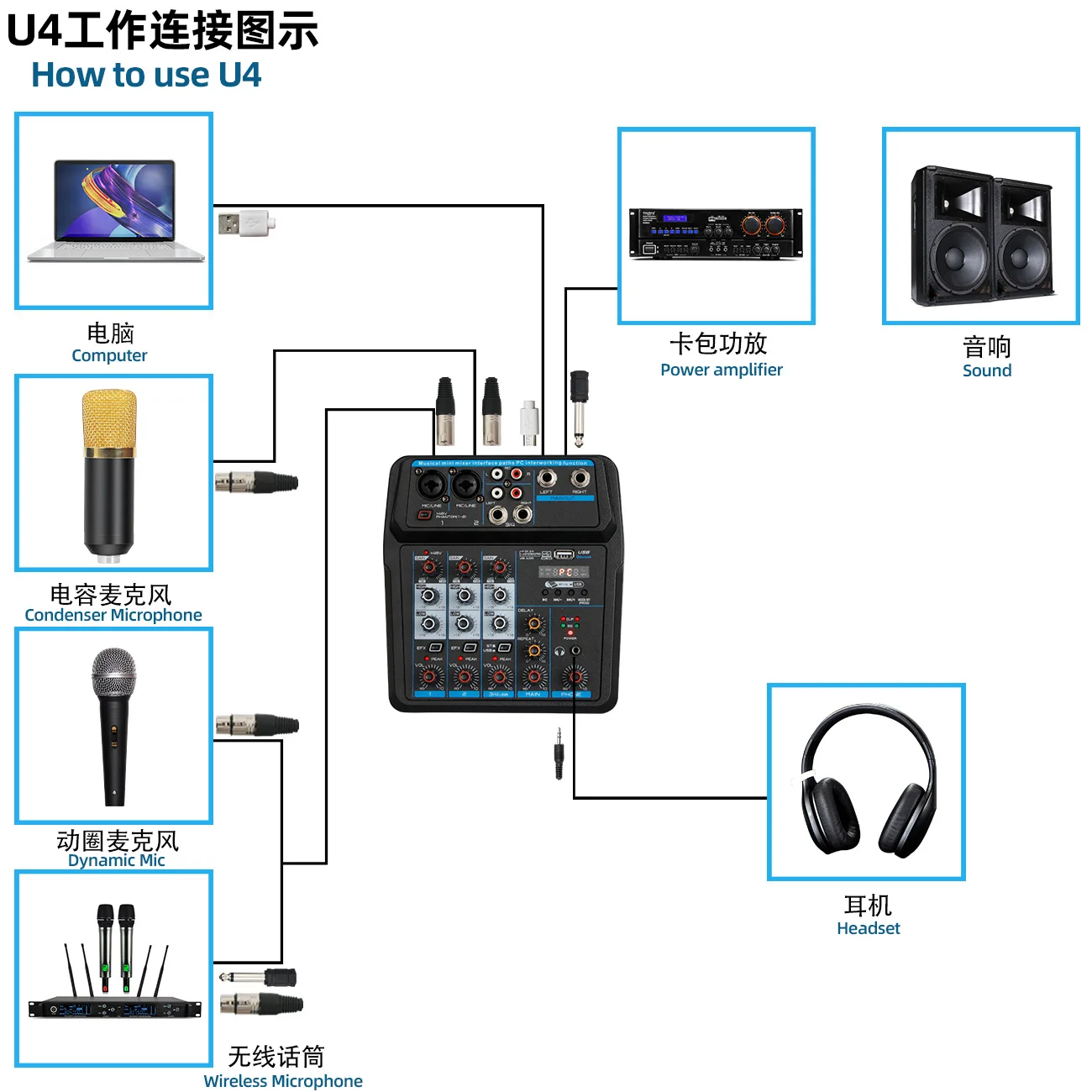U4 BT Sound Mixing Console Record 48V Phantom Power Monitor AUX Paths Plus Effects 4 Channels Audio Mixer with USB