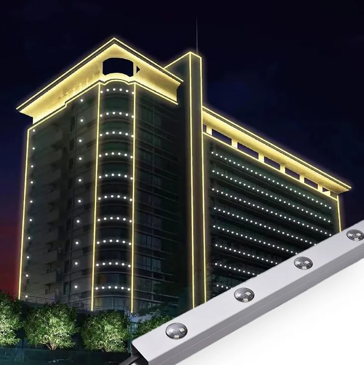 LED нүктелік жарық көзі, поликарбонат материалдан жасалған, IP66 дәрежесінде суға төзімді, сыртқы орындарға арналған RGB түсті жарық, DMX512 интерфейсімен басқарылатын, 35 см ұзындығындағы табличка, 5 жылдық кепілдік