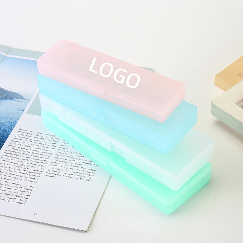 Customized Logo Plastic Pencil Case Rectangular Transparent Frosted Pen for School Use Children