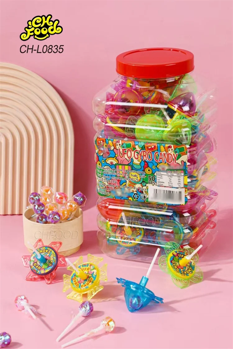 Wholesale Halal Plastic UFO Gyro Candy Toy Spinning Top Toy with Lollipop Candy Sweets for Kids