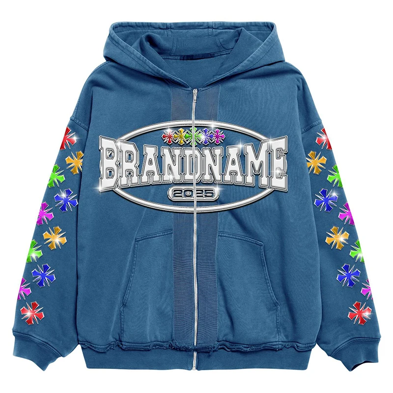 Custom Rhinestone Printing Men's Zip-Up Hoodie with 450grams Fabric Weight and Ribbed Hem Streetwear Tracksuit