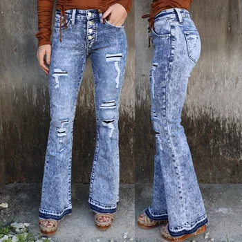 Stylish Slightly Flared Denim Pants for Autumn Winter Cross-Border New Styles for Europe America Mid-Waist Ordinary Washed L