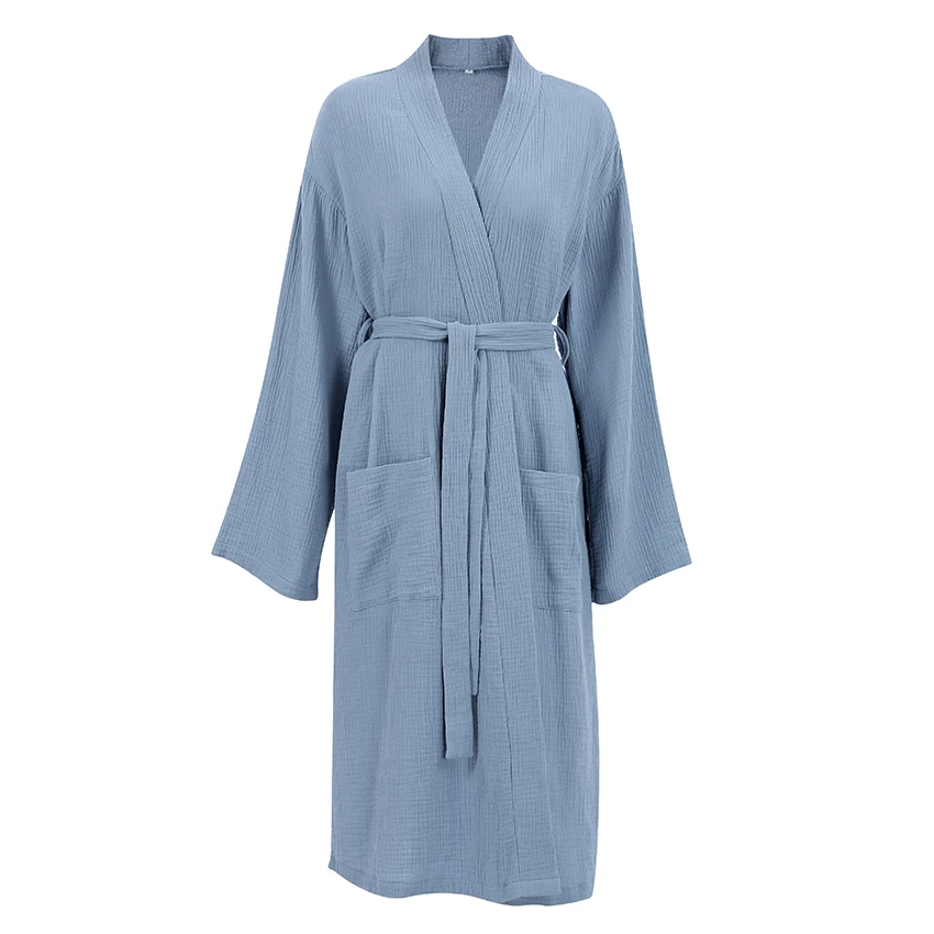 Lady's Knee-Length Bath Spa Hotel Sleepwear Brown Blue Cotton Robe with Spring Gauze Breathable Woven Dressing Gown for Women Lady's Knee-Length Bath Spa Hotel Sleepwear Brown Blue Cotton Robe with Spring Gauze Breathable Woven Dressing Gown for Women