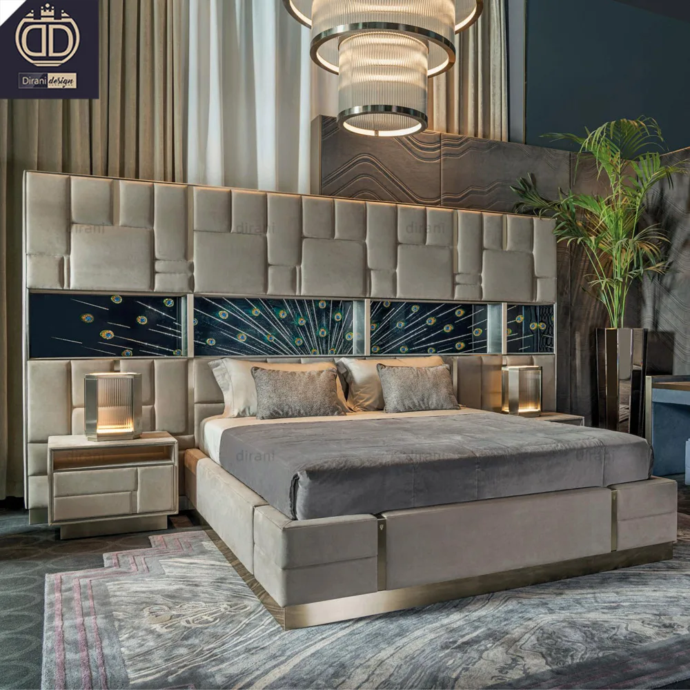 Latest Fancy Picture Designer Double Italian Beds Villa Furniture Leather Geometric Design Headboard Queen king Size Bed