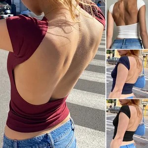 Women Backless Sexy Going Out Tops Double Lined Open Back Y2k Basic Tee Shirts 2026