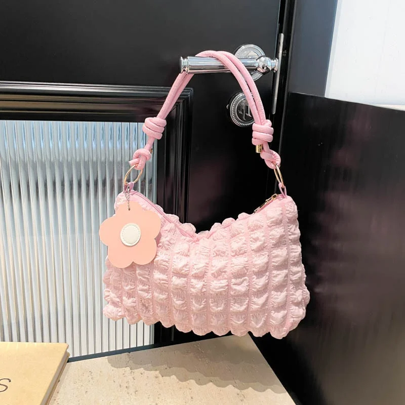 Bubble Flower Handheld Cylinder Zipper Women 2026 New Korean Japanese Style Textured Shoulder Handbag Women Girl Shopping Bag