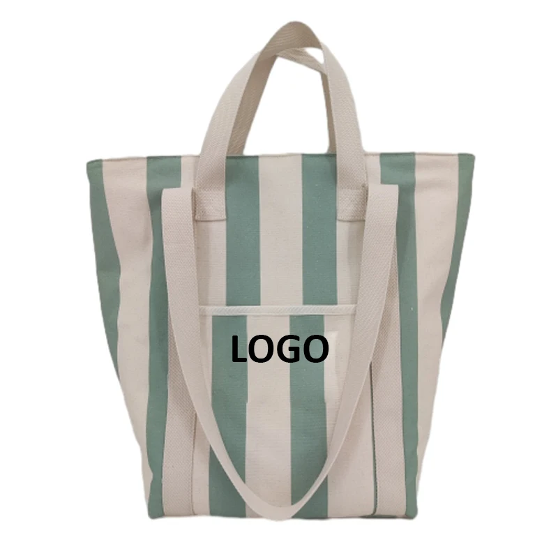Custom Extra Large Capacity Portable Beach Shoulder Cooler Bag Women Summer Durable Canvas Striped C