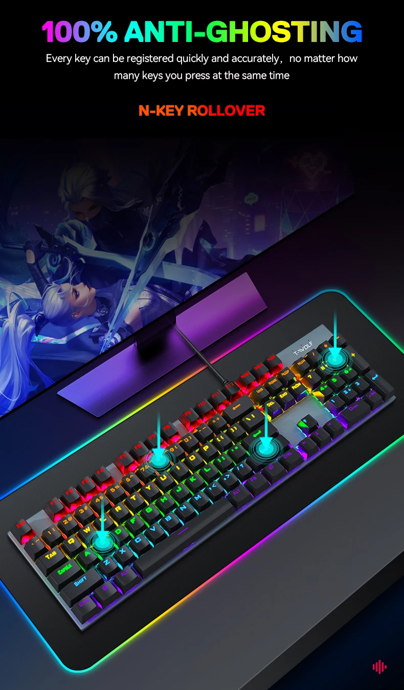 Twolf Hot Sale Rgb Wire Mechanical Keyboard With Multimedia Keycap And