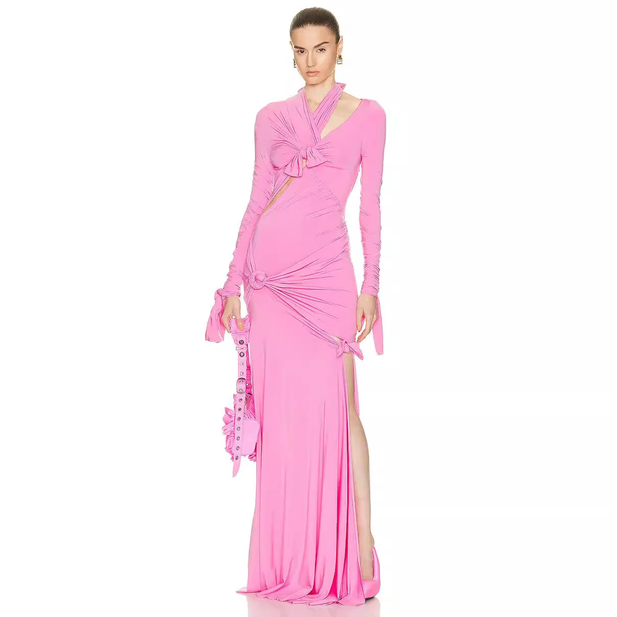 Elegant Pink Bows Lace up Slim Bodcyon Maxi Dresses Celebrity Evening Party  Clubwear Sexy Long Sleeve Halter Women Long Dress
