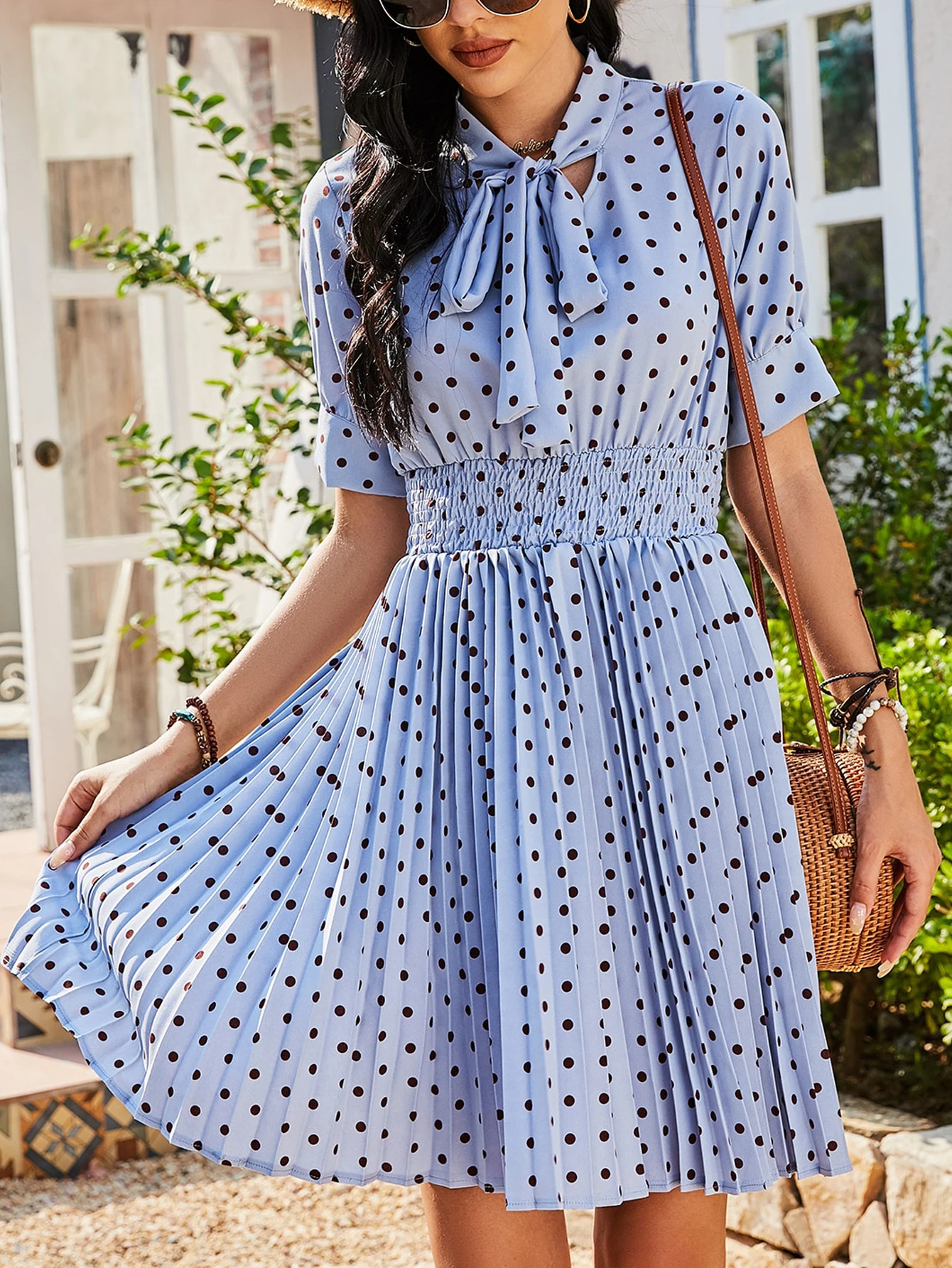 SummerPolka Dot Bow Tie Waist Dress Vacation Outfits elegant casual dress for women