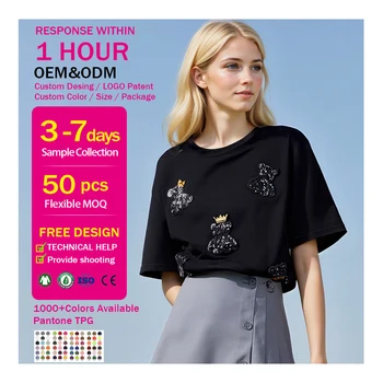 Custom Sequin Embroidery T-Shirt Summer Sparkle Crown Patch Short Sleeve Top Women's Oversized Fashion Sequin Applique T-Shirt