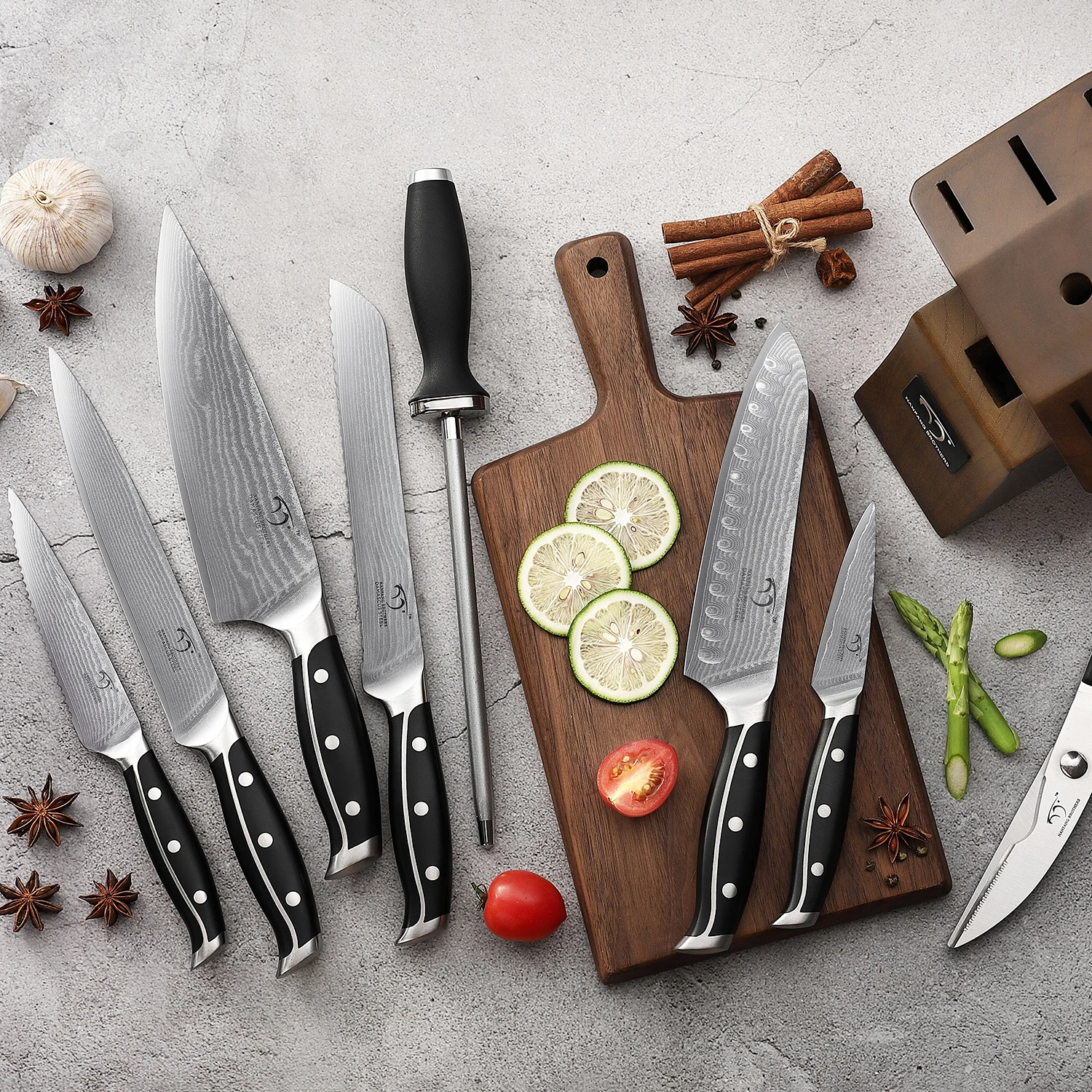 Damascus Kitchen Knife Set, 9 pieces Chef knife Set with Comfortable Ergonomic ABS Handle