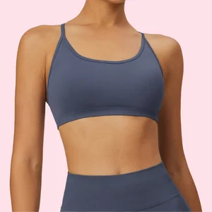 High Quality Quick-Drying Nylon Sports Bra with Beautiful Cross Back Design Nude Feel Shockproof with Removable Chest Pad Strap