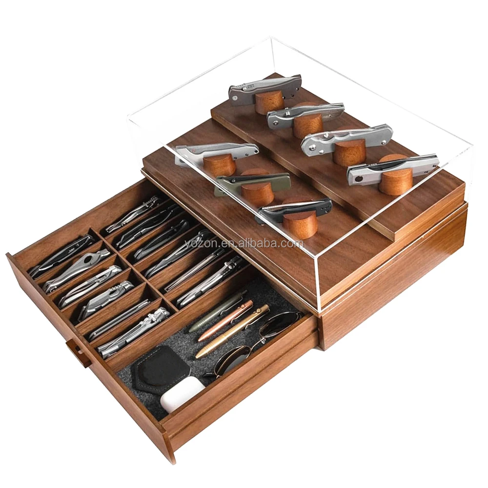 Custom Wood Pocket Knife Display Case Holder Stores Pocket Knife Storage With Shatterproof