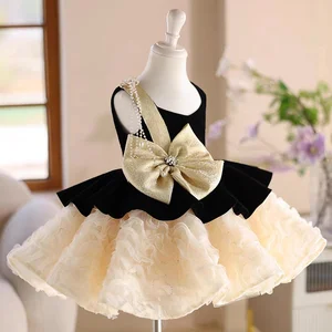 Black and Champagne-Colored Sleeveless Evening Dresses for Girls Bow Beading Pleated Layering Princess Dress for Girl