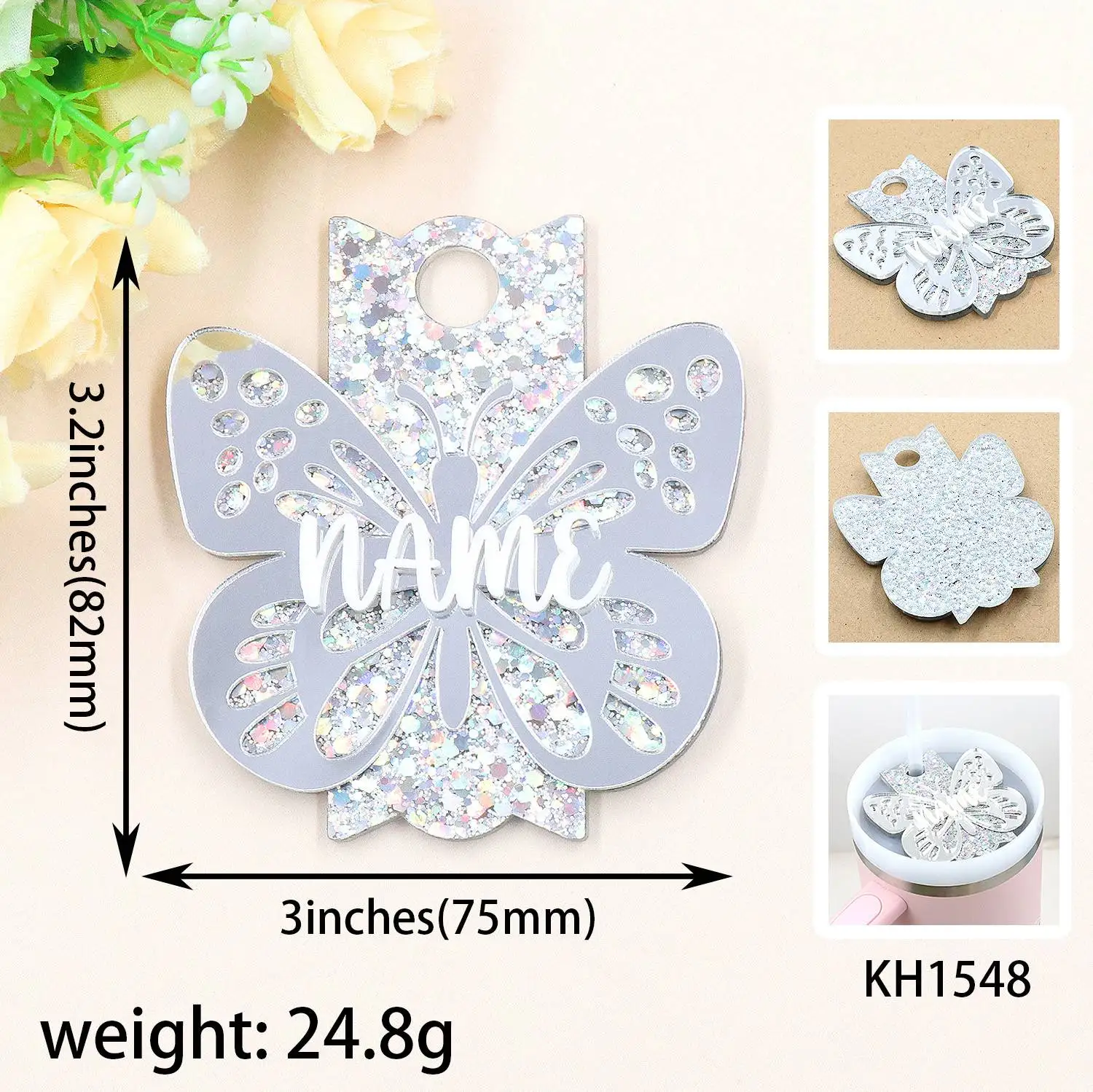 YYXCH1548 High Quality Acrylic Laser Cut Tumbling Cup White Mirror Butterfly Nameplate Plate for Christmas Tree Ornaments supplier