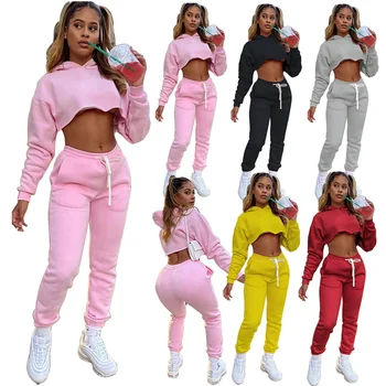 Custom Women 2 Piece Set Tracksuit Hoodie Casual Sport Outfits Spring Autumn Long Sleeve Letter Print Crop Top+Jogging Pants