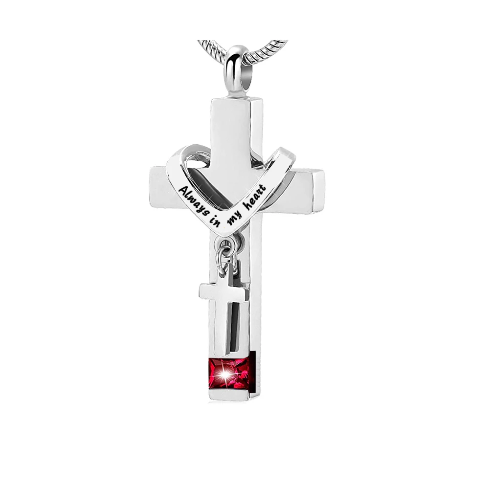 Cross With Birthstone Urn Necklaces for Ashes Stainless Steel Memorial Cremation Pendant Jewelry Keepsake for Human or Pet Gift