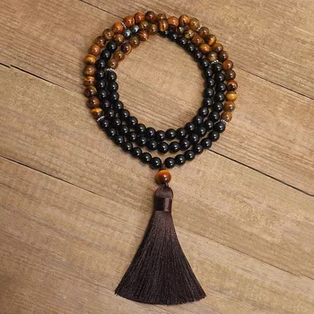 Collar Mala 108 Prayer Beads Tiger Eye Stone Black Obsidian Gemstone Yoga Meditation Tassel Mala Necklace