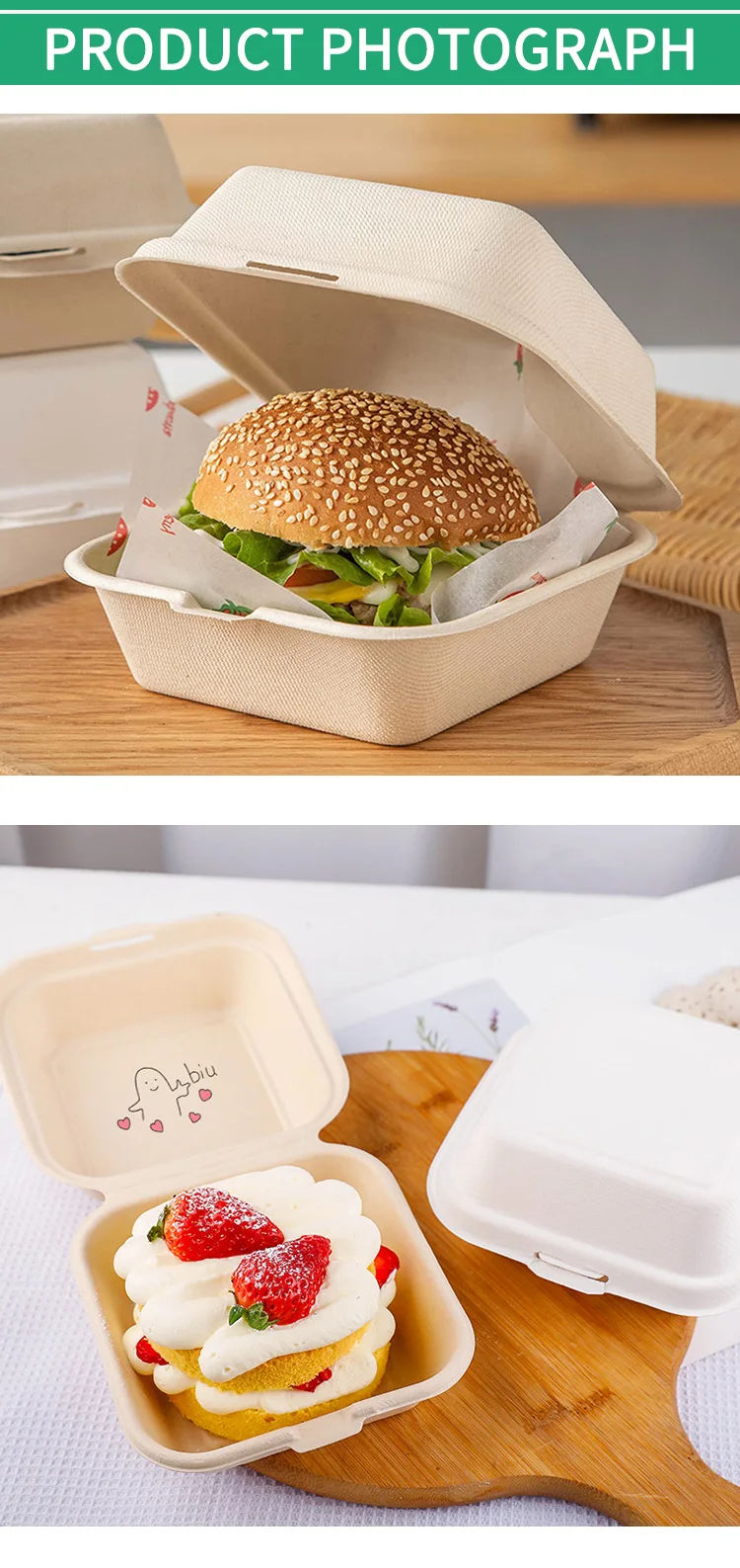 Eco-friendly Disposable Clamshell Sugarcane Bagasse Box