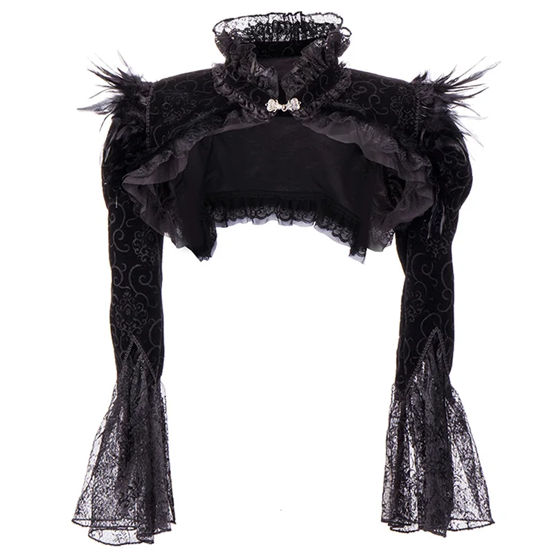 Victorian Black Flannel Feathers Lace Jacket Long Sleeve Ruffles Stand  Collar Gothic Bolero Clothing Accessories Steampunk Coat