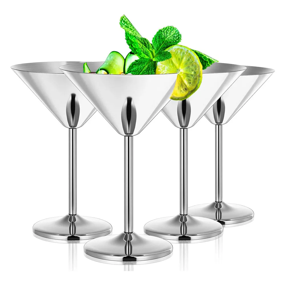 Business Gift Silver Color 8oz Metal Cocktail Wine Glasses with Stem for  Party Weeding Stainless Steel Martini Glasses