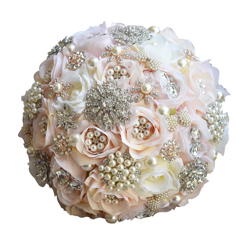 Gorgeous Artificial Satin Rose Crystals Wedding Bridal Bouquet Bride Hand Flower 