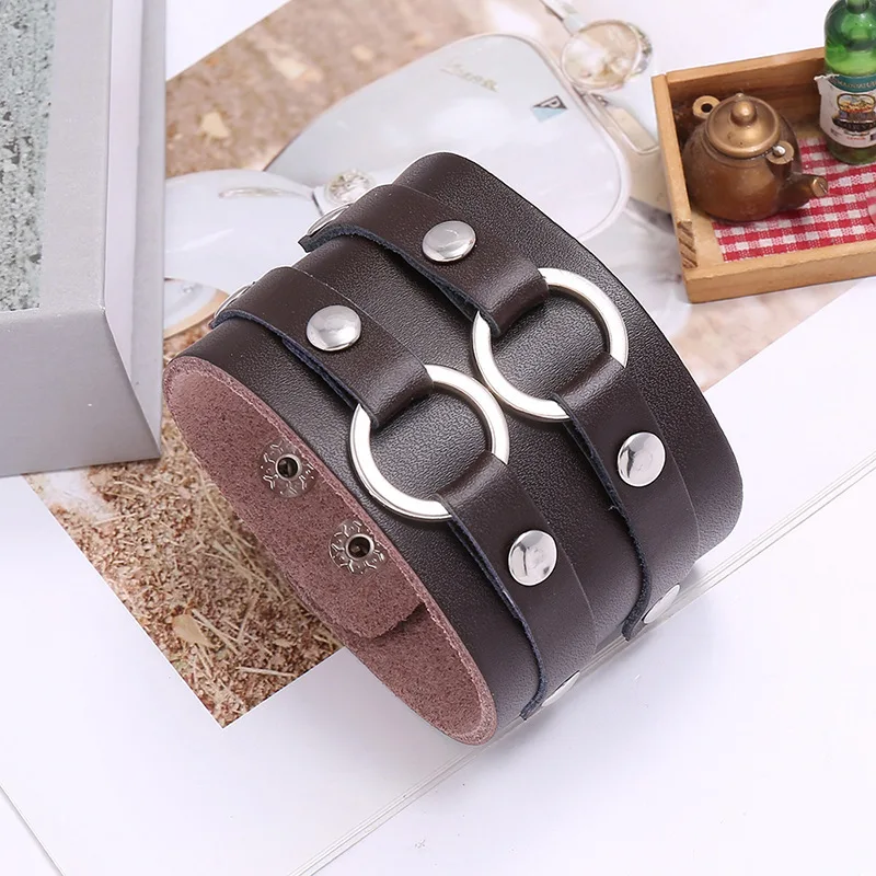 Latest Design Retro Men Simple Style Cowhide Double Loop Rock Wide Leather Bracelet